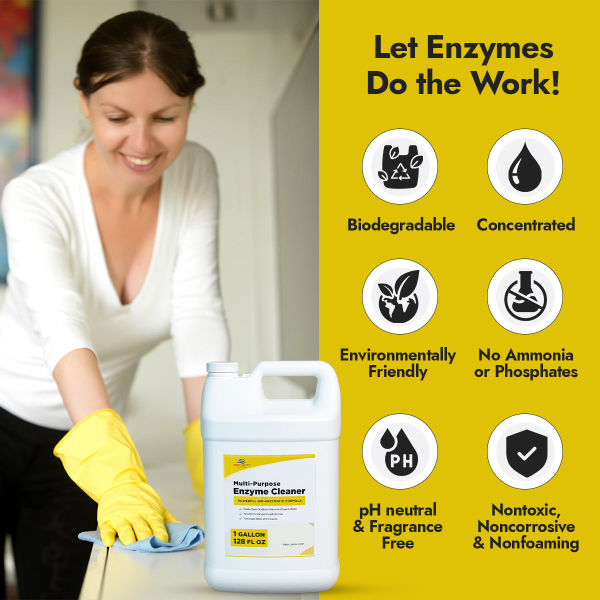 NORTHWEST ENTERPRISES Multi-Purpose Enzyme Cleaner - Household and Commercial Enzyme Cleaner, Fresh Lemon Scent