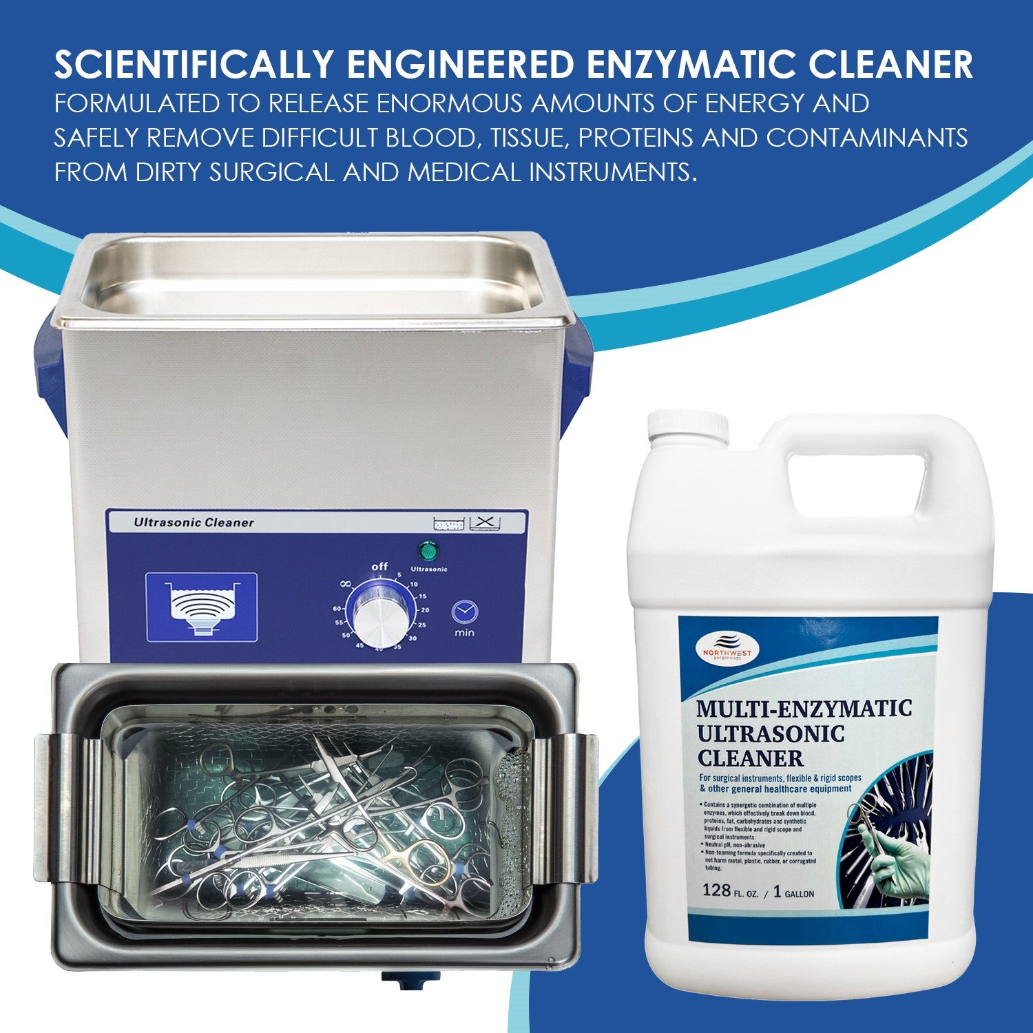 Multi-Enzymatic Ultrasonic Cleaner Solution for Professional Instrument and  Equipment Reprocessing. Concentrated. One Gallon.
