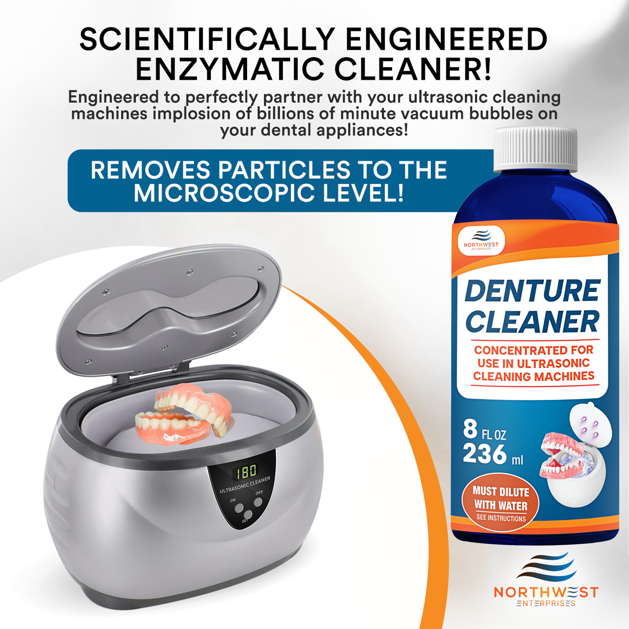 Ultrasonic Denture Cleaner - Denture Cleaner for All Types of Dentures - Denture Cleaning Solution Removes Stains, Plaque, Grime, and Build-up - Works on Retainers, Invisalign, & More (8 Ounce)