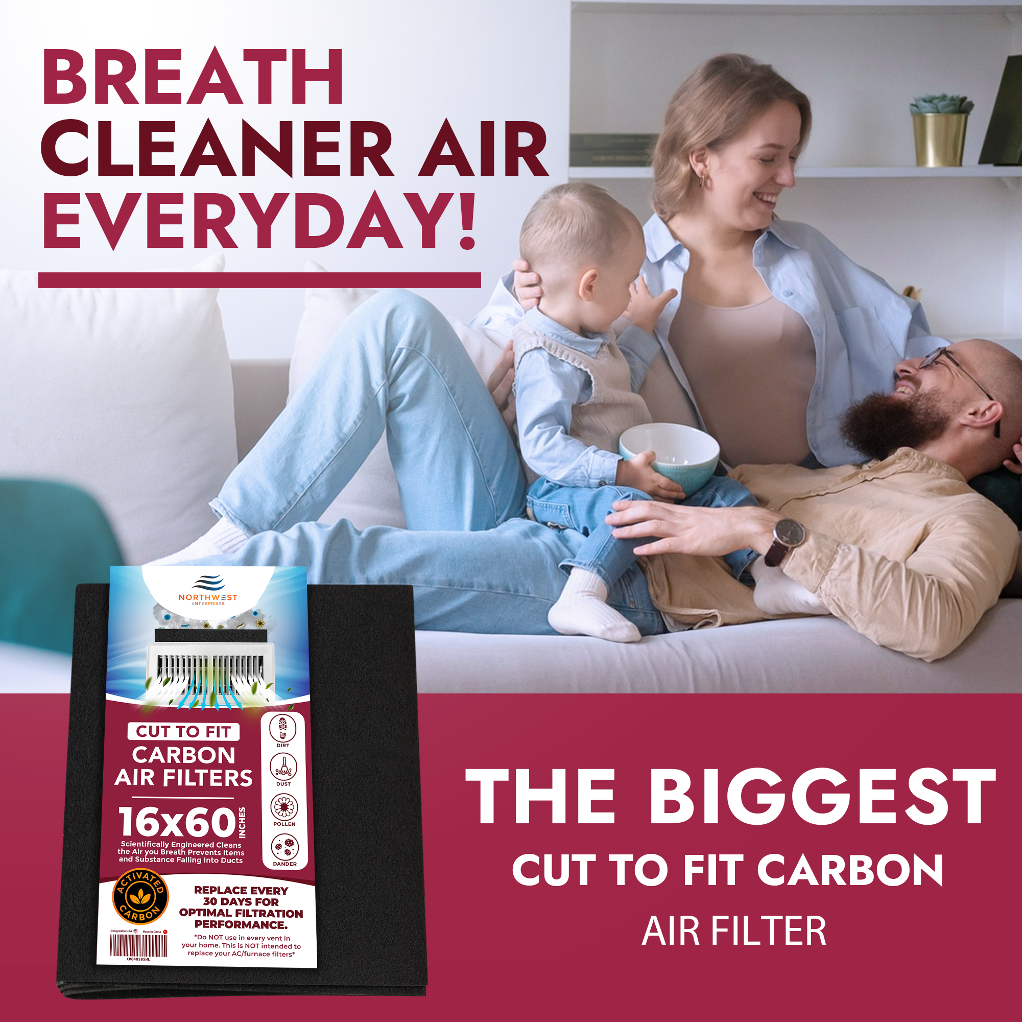 Activated Carbon Air Vent Filters - 16" x 60" Cut to Fit Activated Charcoal Filter - Air Filter Freshener for Home, Business and more