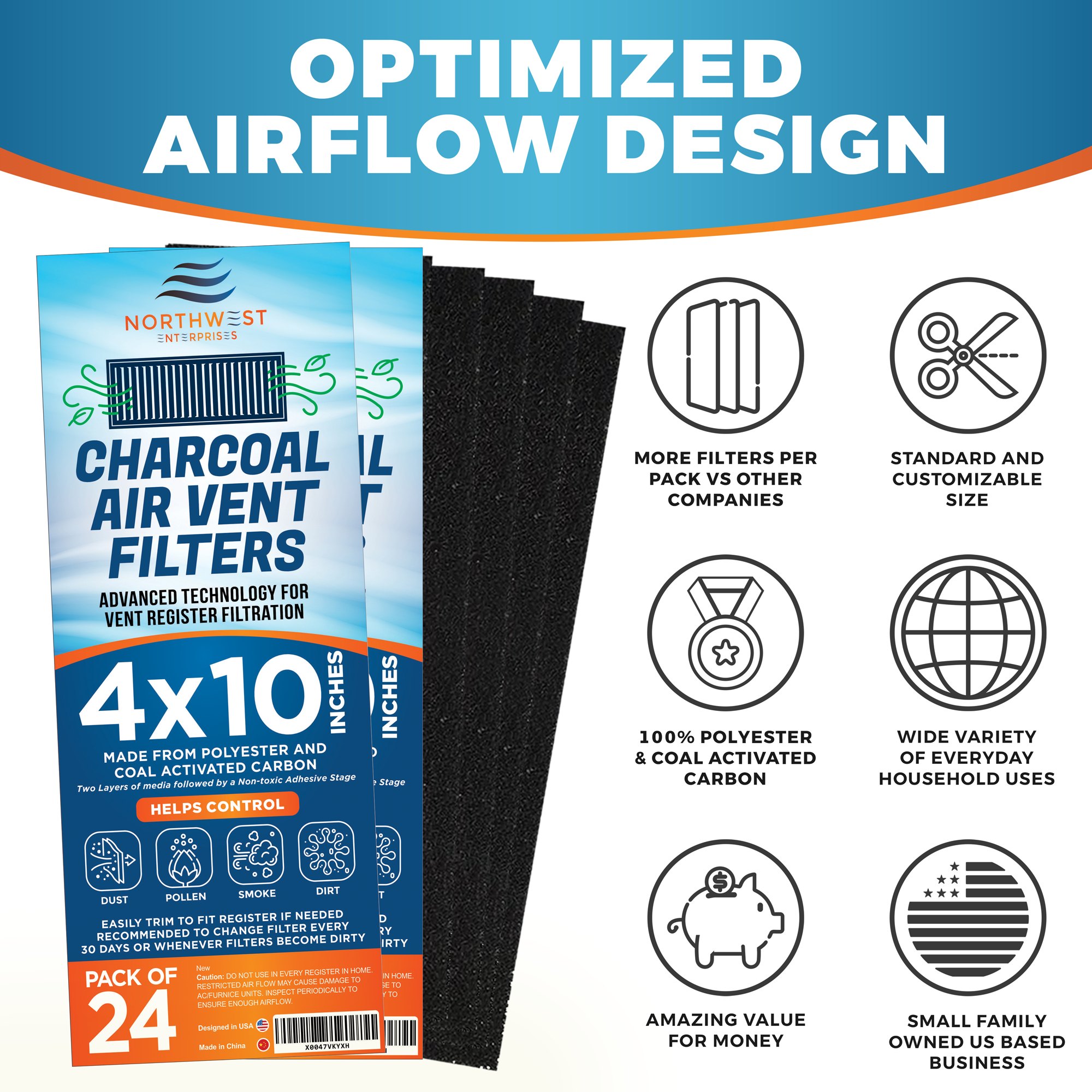 Activated Carbon Air Vent Filters for Home - 4" x 10" Dust Control Activated Charcoal Floor Vent Filters - Air Filter Freshener for Home Vents to Purify Indoor Air and Homes - (24-Pack)
