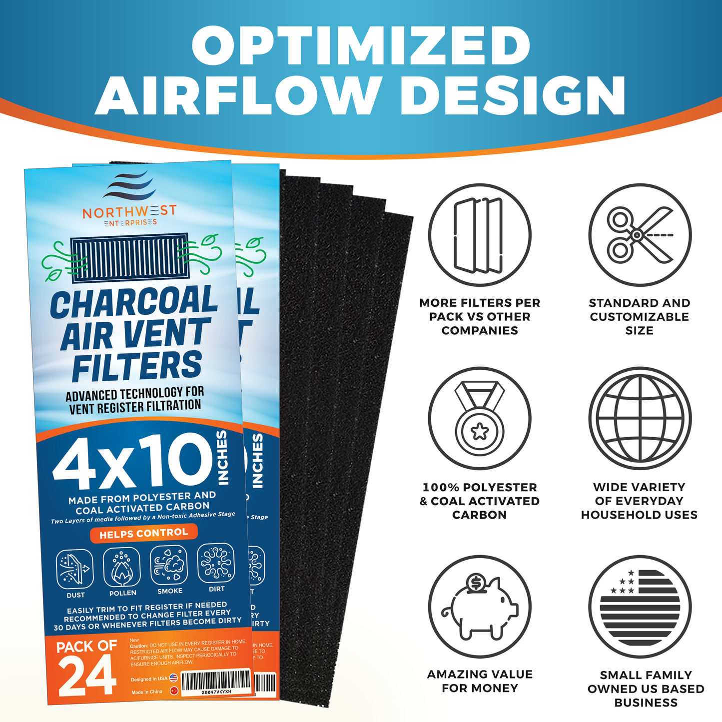 Activated Carbon Air Vent Filters for Home - 4" x 10" Dust Control Activated Charcoal Floor Vent Filters - Air Filter Freshener for Home Vents to Purify Indoor Air and Homes - (24-Pack)