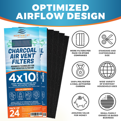 Activated Carbon Air Vent Filters for Home - 4" x 10" Dust Control Activated Charcoal Floor Vent Filters - Air Filter Freshener for Home Vents to Purify Indoor Air and Homes - (24-Pack)