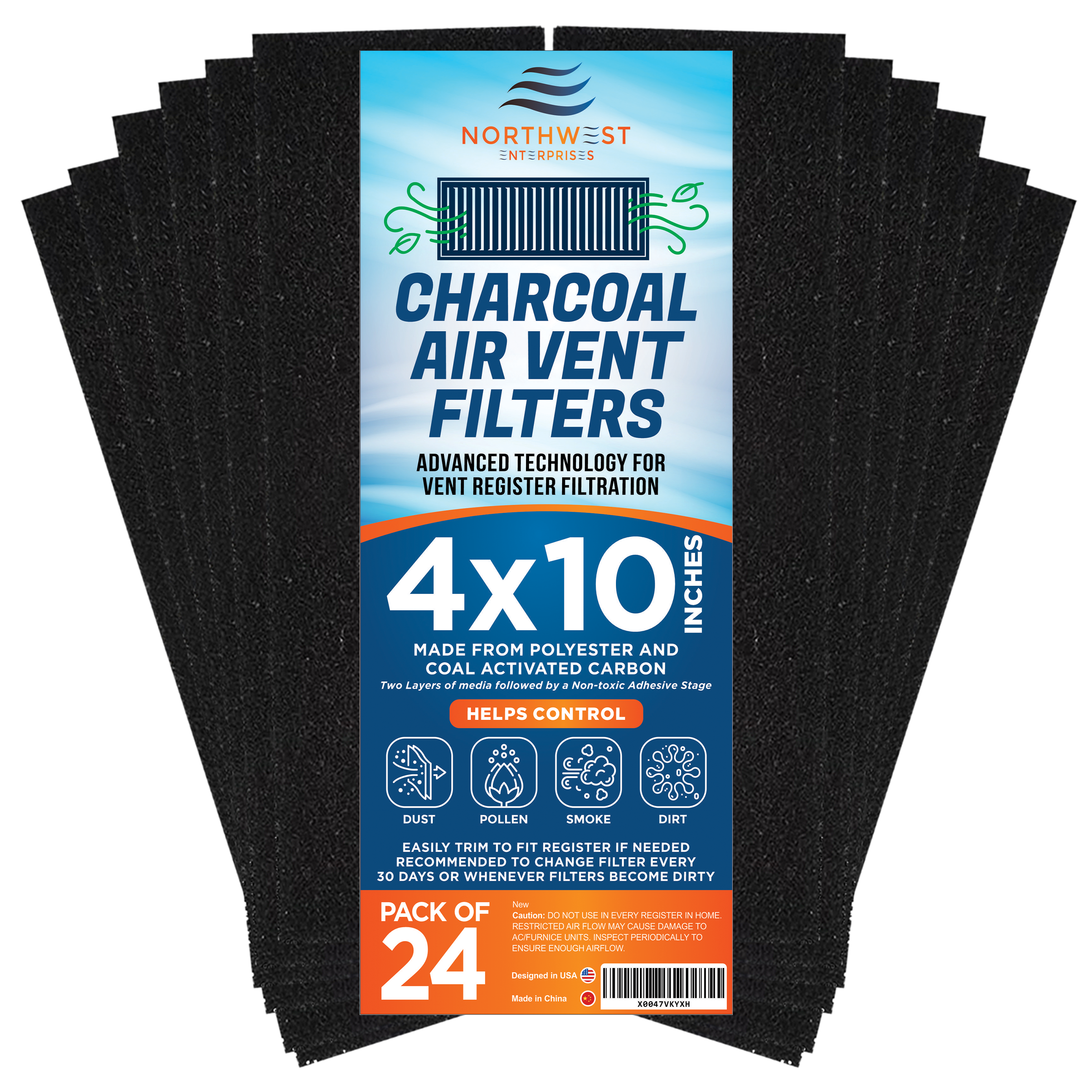 Activated Carbon Air Vent Filters for Home - 4" x 10" Dust Control Activated Charcoal Floor Vent Filters - Air Filter Freshener for Home Vents to Purify Indoor Air and Homes - (24-Pack)