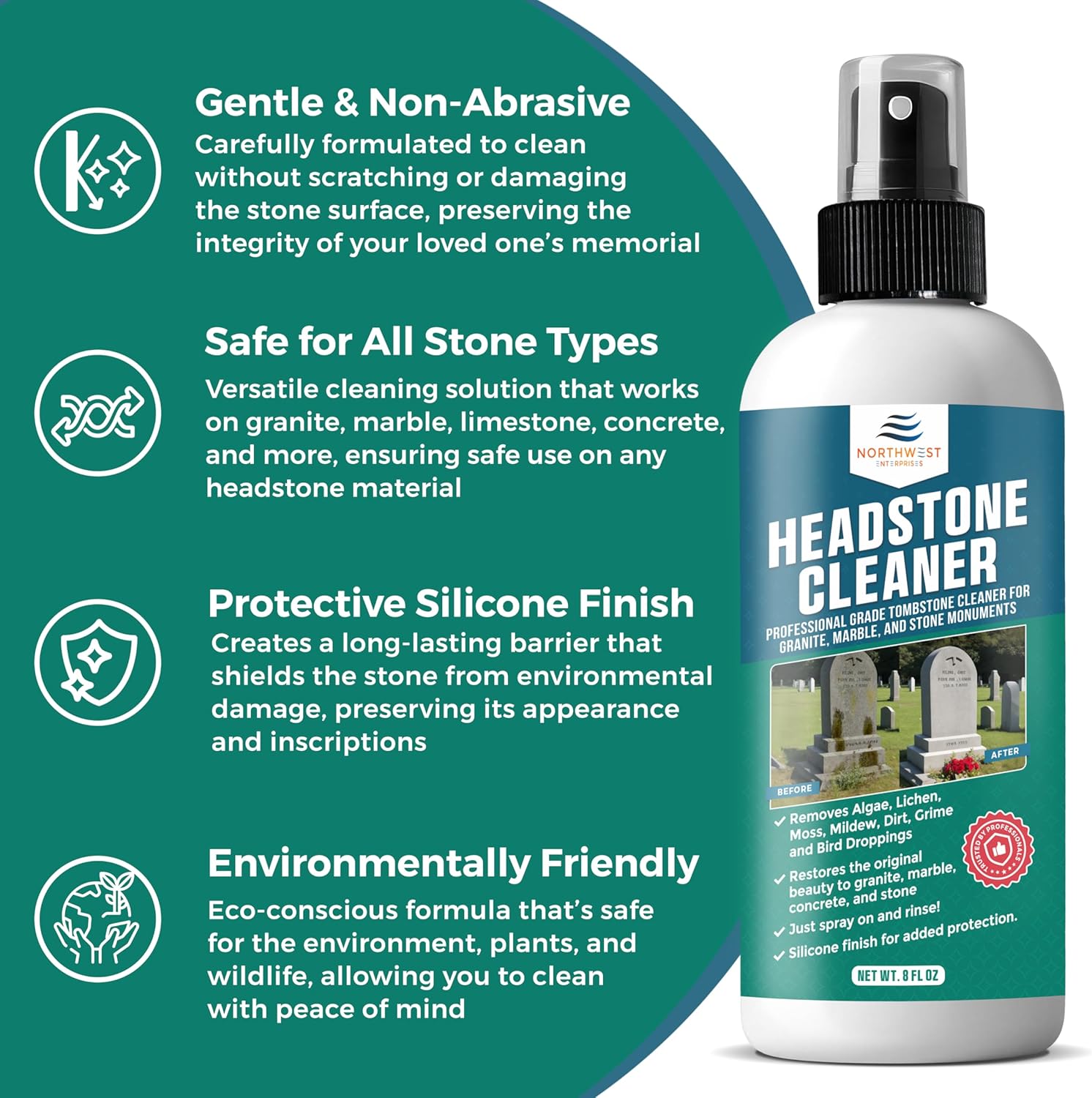 Cemetery Headstone Cleaner for Graves - Tombstone Cleaning Solution Removes Dirt, Moss, and Plant Growth - Restores & Cleans Marble, Granite, Concrete, Slate, Limestone - Protective Finish (16 Fl oz)