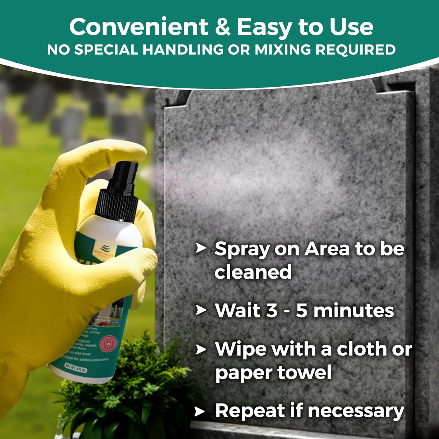 Cemetery Headstone Cleaner for Graves - Tombstone Cleaning Solution Removes Dirt, Moss, and Plant Growth - Restores & Cleans Marble, Granite, Concrete, Slate, Limestone - Protective Finish (16 Fl oz)