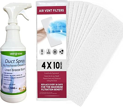 Air Duct Cleaner, HVAC Air Freshener & Air Duct Deodorizer. Professional Air Duct Deodorizer and Odor Remover for Homes, Business, Auto, RVs, and Campers! (Spray and 4"x10" Filters - 24 pack)