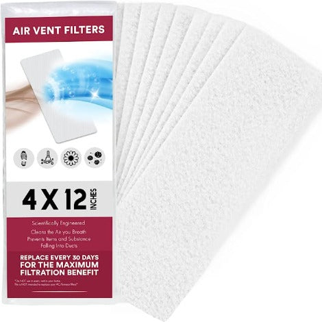 Vent Filters, Air Vent Filters for Home, 4" x 12" (12 Pack), Electrostatically Charged Floor Vent Filters for Home, Wall Vent Filters, Ceiling Vent Filters.
