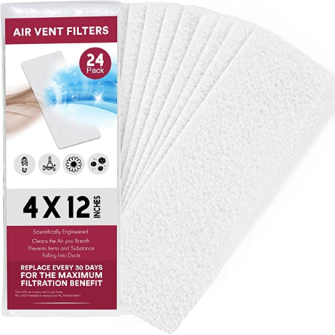 Vent Filters, Air Vent Filters for Home, 4" x 12" (24 Pack), Electrostatically Charged Floor Vent Filters for Home, Wall Vent Filters, Ceiling Vent Filters.