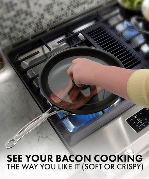 Bacon Press, Round Tempered Glass Bacon Press and Splatter Shield, 8" diameter - Perfectly Cooked Flat Bacon Every time!