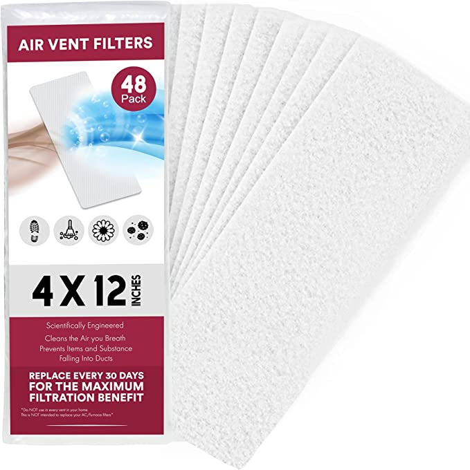 Vent Filters, Air Vent Filters for Home, 4" x12" (48 Pack), Electrostatically Charged Floor Vent Filters for Home, Wall Vent Filters, Ceiling Vent Filters.